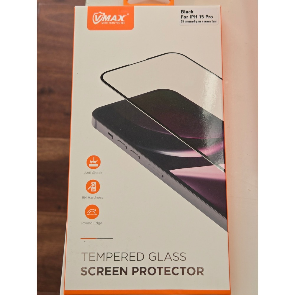VMAX Black‎ Tempered Glass Screen Protector for iPhone 15 Pro 3D